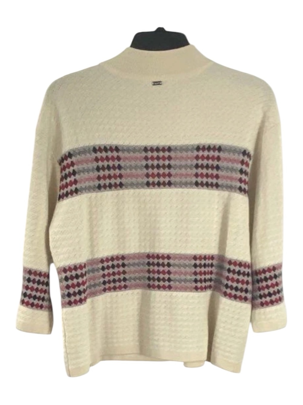 St. John Cream Knit High Neck Wine Gray Black Geo Diamond Band Sz S - Picture 2 of 5